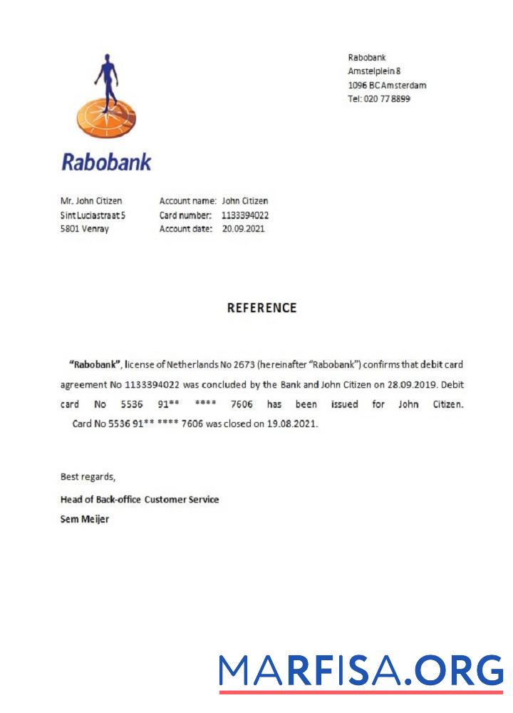 Printable Netherlands Rabobank closure reference template